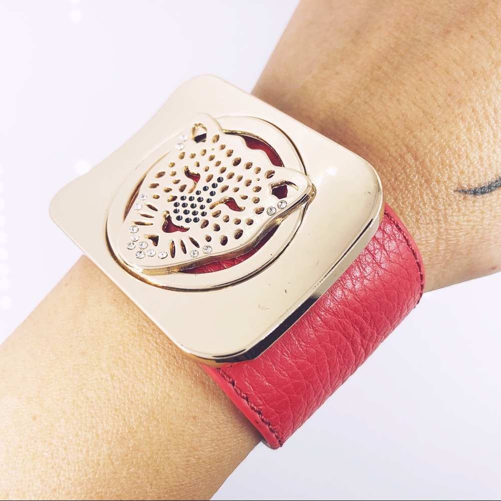 FAUX LEATHER WIDE CUFF JAGUAR BRACELET RED
